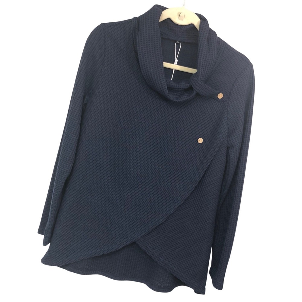 NWT Kilig Navy Waffle Thermal Top Cowl Neck Asymmetric Wrap Button Detail Size M